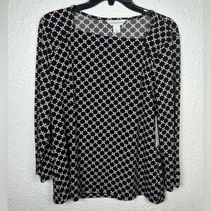 NWT Liz Claiborne Women’s Small Blouse Black Geometric Print Long Sleeve Top